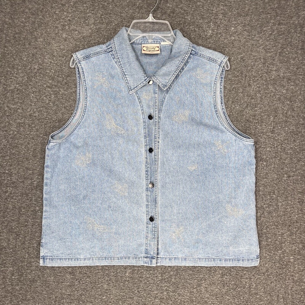 Vintage Decorated Originals Denim Button Up Shirt Womens L Rhinestone Butterfly